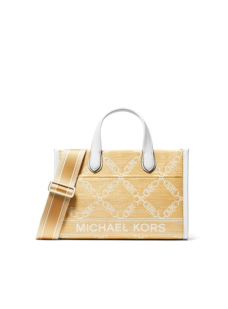 Gigi Small Empire Logo Jacquard Straw Messenger Bag