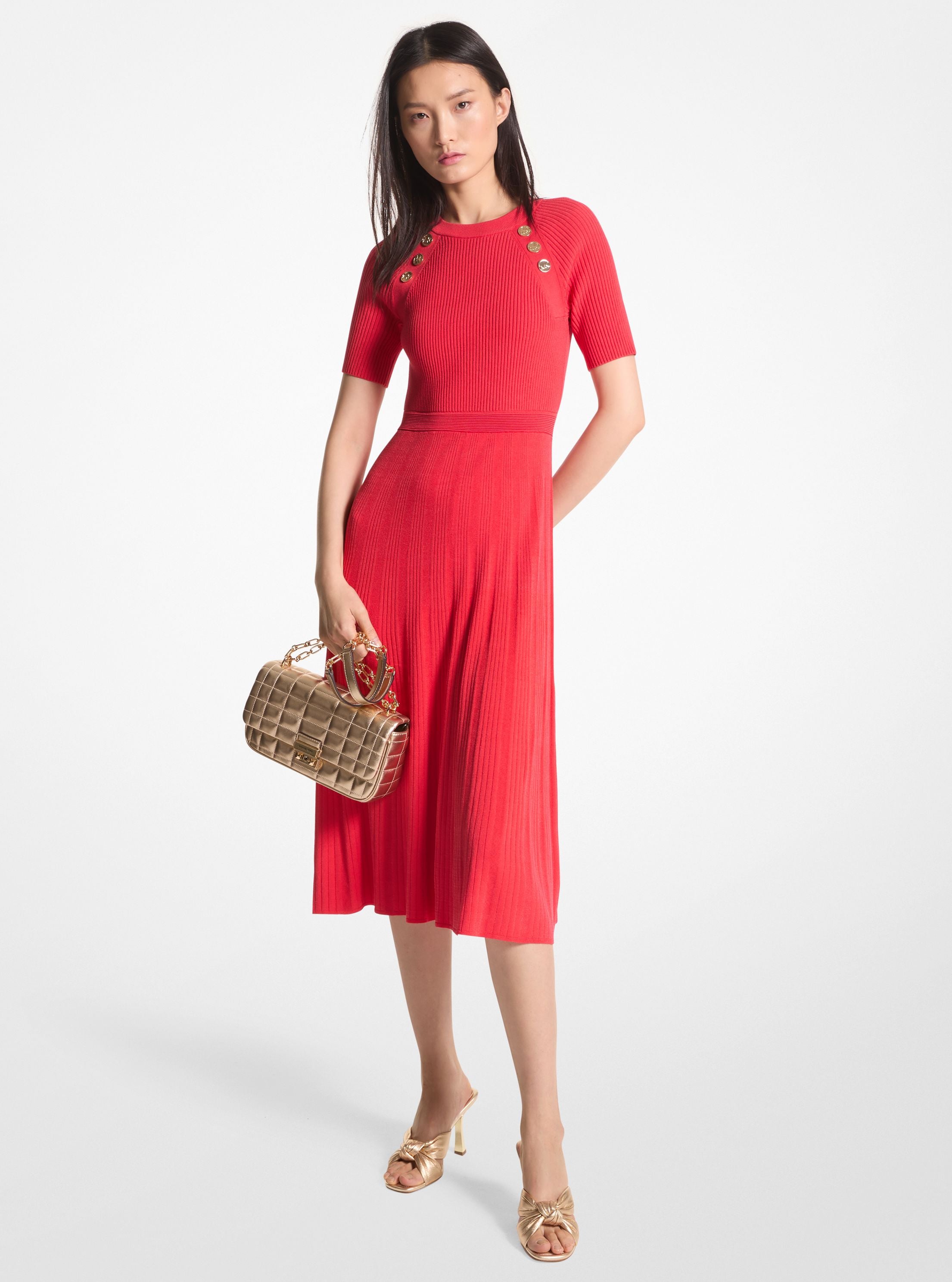 Ribbed Stretch Knit Button Midi Dress